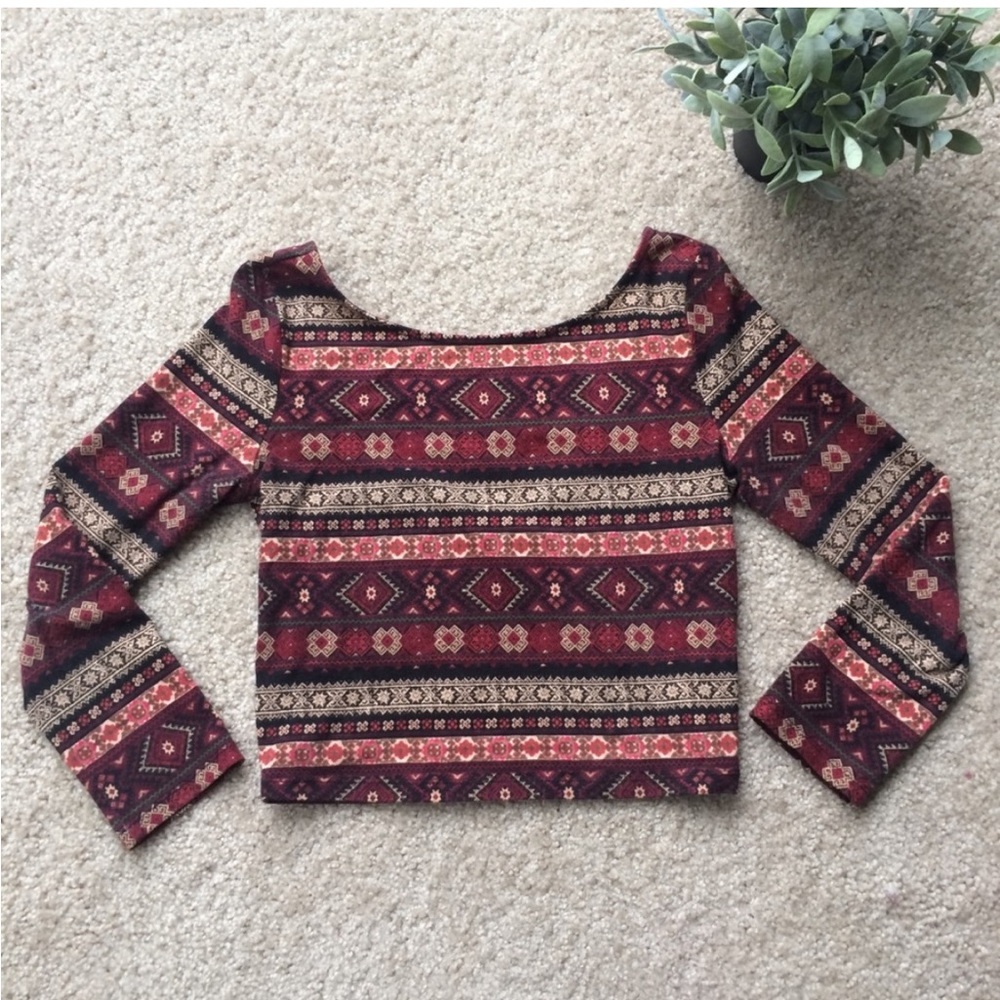 Fall Autumn Style Burgundy & Orange Long Sleeve Crop Top - Vintage Forever 21